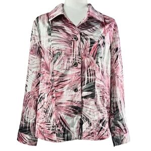 Chico's Pink White Gray Tropical Leaf Button-Up Jacket Pockets Beachy Colorful